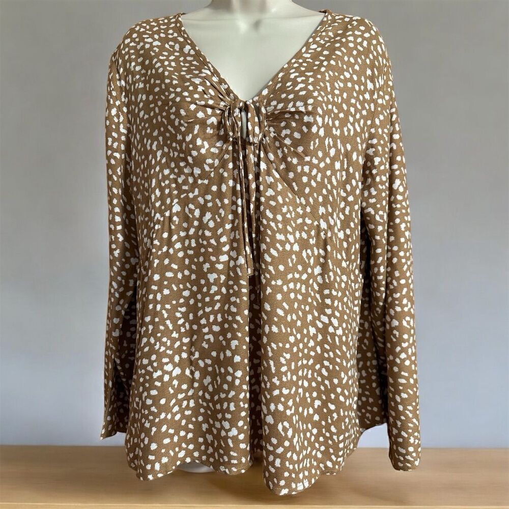Maurices Light Brown Front Tie Abstract Polka Dot Blouse Long Bell Sleeve V-Neck